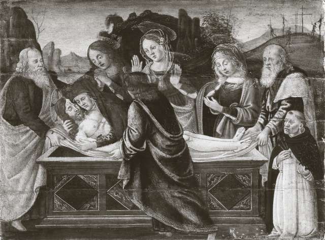 Gemäldegalerie, Staatliche Museen zu Berlin — Maestro dell'Epifania di Fiesole - sec. XV - Deposizione di Cristo nel sepolcro e donatore — insieme
